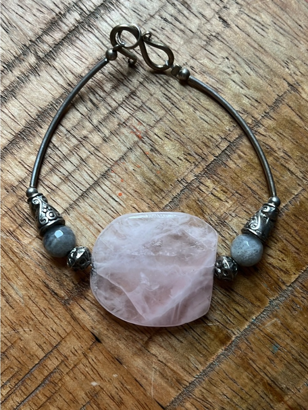 Rose Quartz and Grey Stone Silver-Tone Bracelet